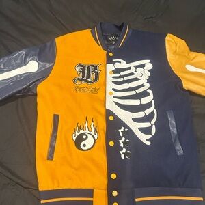 Boohoo Mens Yellow and Navy Varsity Jacket